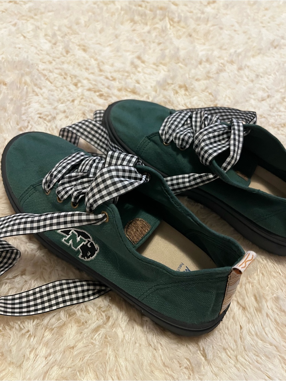 Women’s Dark Green Canvas Sneakers with Gingham Ribbon Laces 🦬 Nichols College